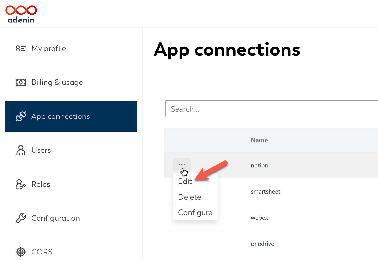 App connections screen