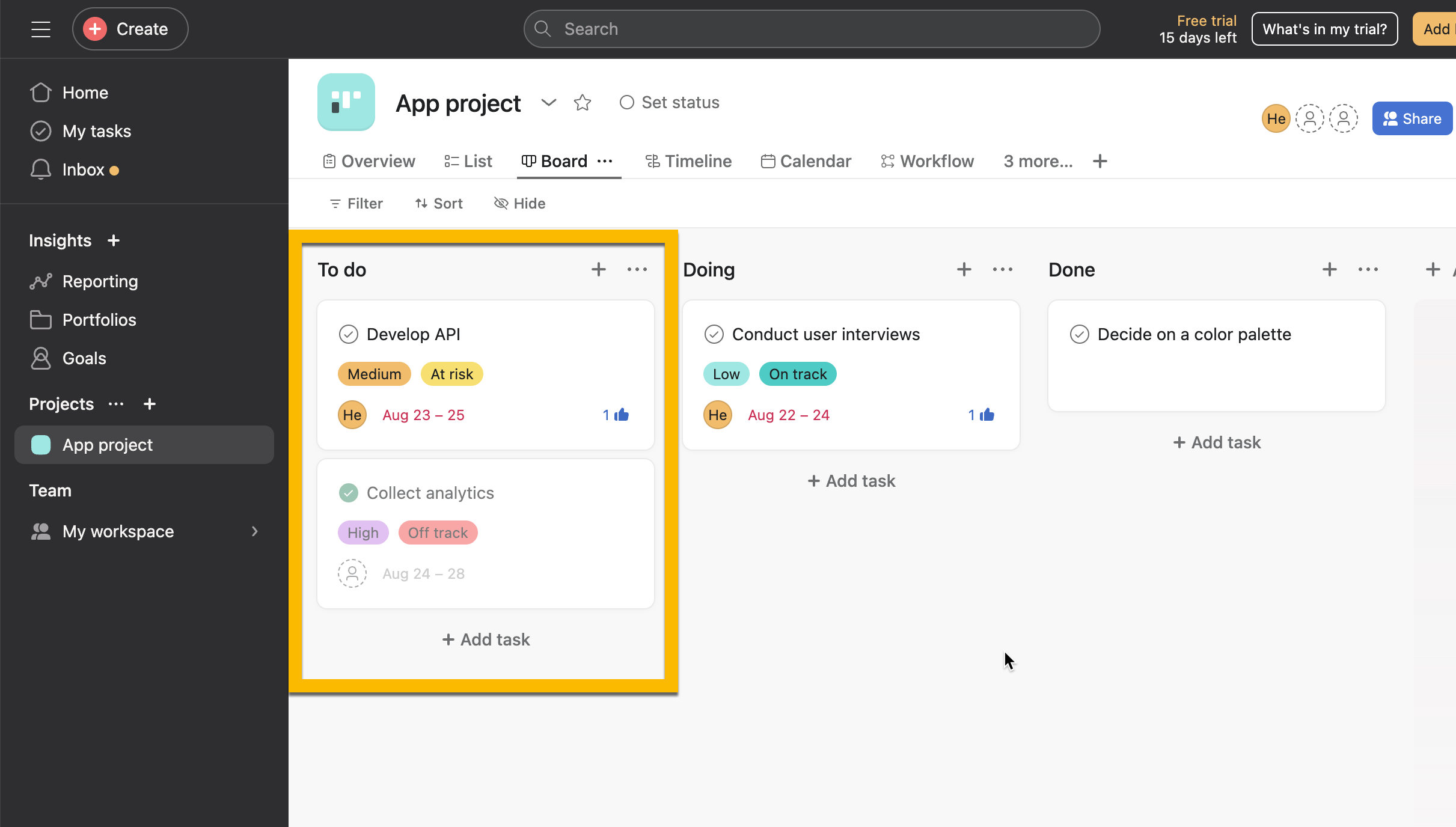 Asana board tasks acros multiple columns